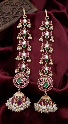 Gold kemp jhumka earrings with matal chain, south indian temple jewelry set, bridal wedding earrings 1