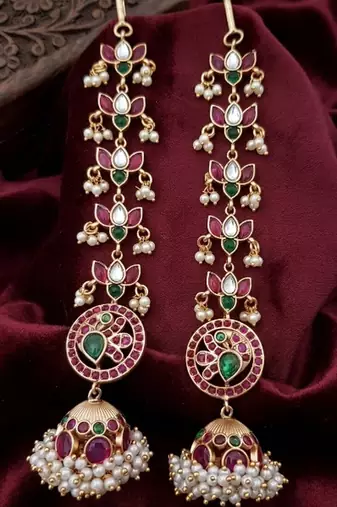 Gold kemp jhumka earrings with matal chain, south indian temple jewelry set, bridal wedding earrings