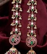 Gold kemp jhumka earrings with matal chain, south indian temple jewelry set, bridal wedding earrings