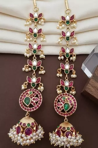 Gold kemp jhumka earrings with matal chain, south indian temple jewelry set, bridal wedding earrings