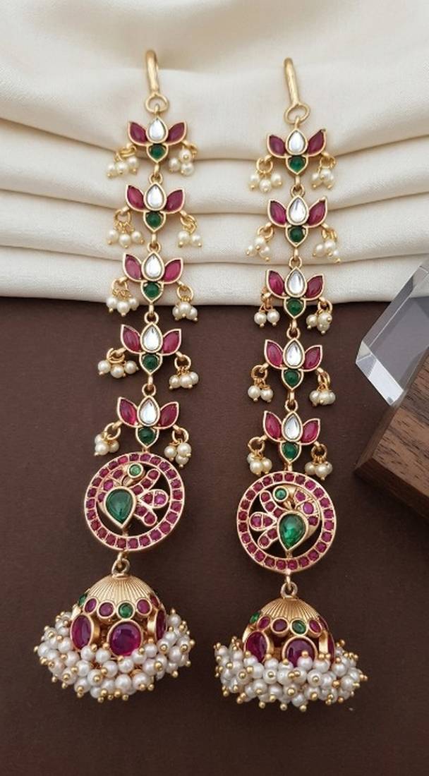 Gold kemp jhumka earrings with matal chain, south indian temple jewelry set, bridal wedding earrings