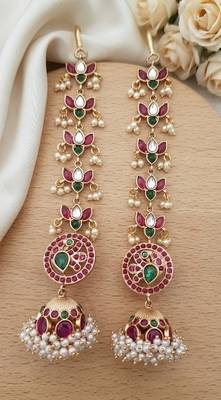 Gold kemp jhumka earrings with matal chain, south indian temple jewelry set, bridal wedding earrings 3