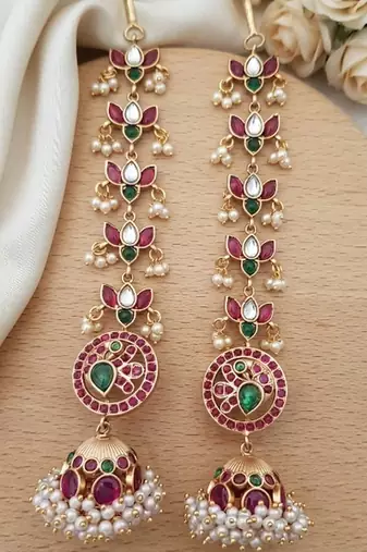 Gold kemp jhumka earrings with matal chain, south indian temple jewelry set, bridal wedding earrings