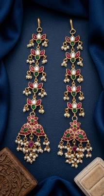 Gold kemp  earrings with matal chain, south indian temple jewelry set, bridal wedding earrings 1
