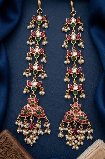 Gold kemp  earrings with matal chain, south indian temple jewelry set, bridal wedding earrings