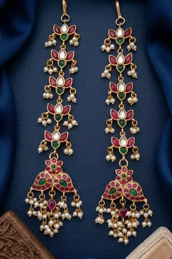 Gold kemp  earrings with matal chain, south indian temple jewelry set, bridal wedding earrings