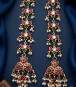Gold kemp  earrings with matal chain, south indian temple jewelry set, bridal wedding earrings