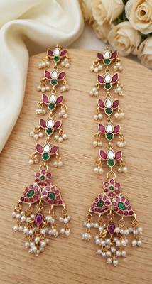 Gold kemp  earrings with matal chain, south indian temple jewelry set, bridal wedding earrings 2