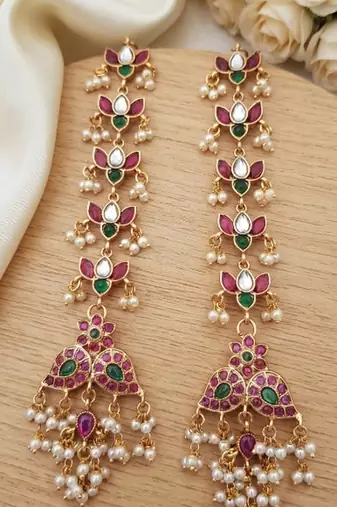 Gold kemp  earrings with matal chain, south indian temple jewelry set, bridal wedding earrings