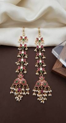 Gold kemp  earrings with matal chain, south indian temple jewelry set, bridal wedding earrings 3