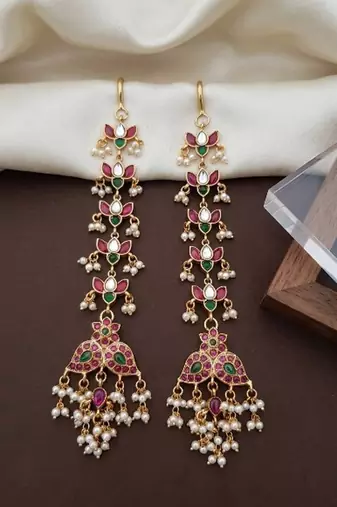Gold kemp  earrings with matal chain, south indian temple jewelry set, bridal wedding earrings