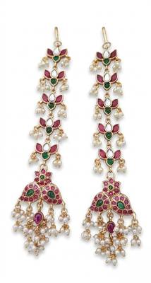 Gold kemp  earrings with matal chain, south indian temple jewelry set, bridal wedding earrings 4