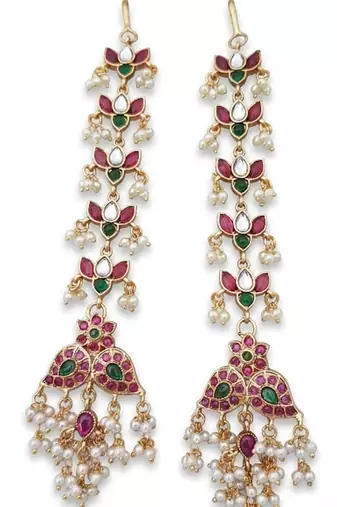 Gold kemp  earrings with matal chain, south indian temple jewelry set, bridal wedding earrings