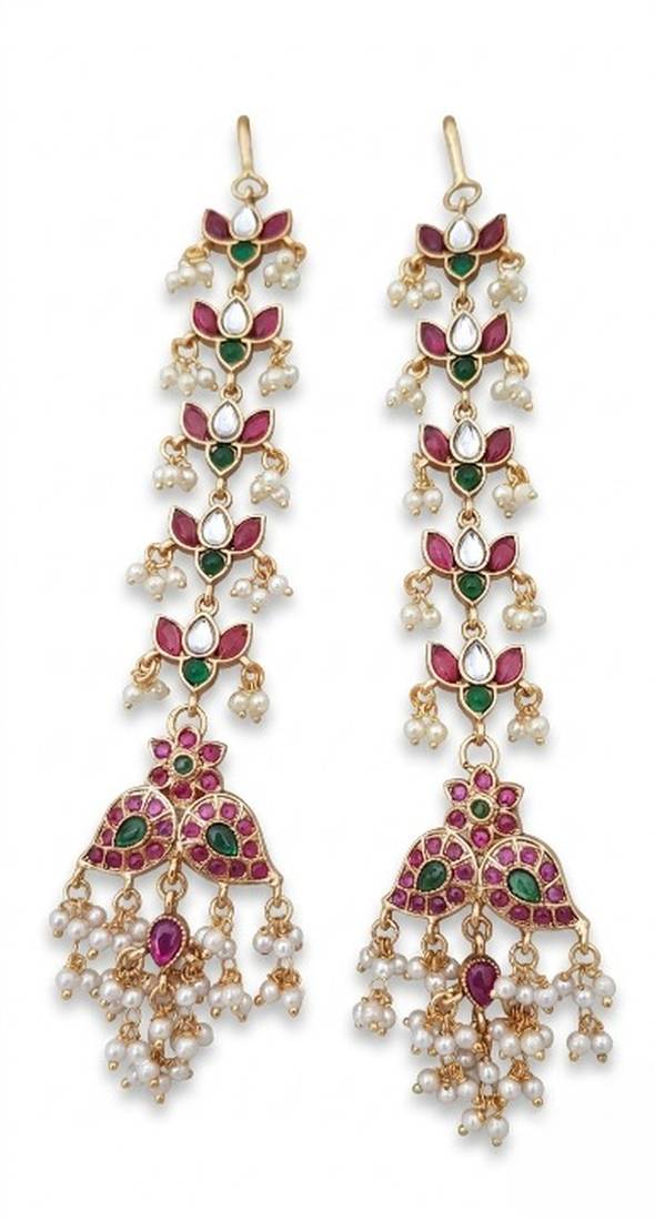 Gold kemp  earrings with matal chain, south indian temple jewelry set, bridal wedding earrings