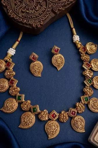 Antique gold temple jewelry set: south indian mango necklace & earrings | bridal wedding & festival ethnic traditional