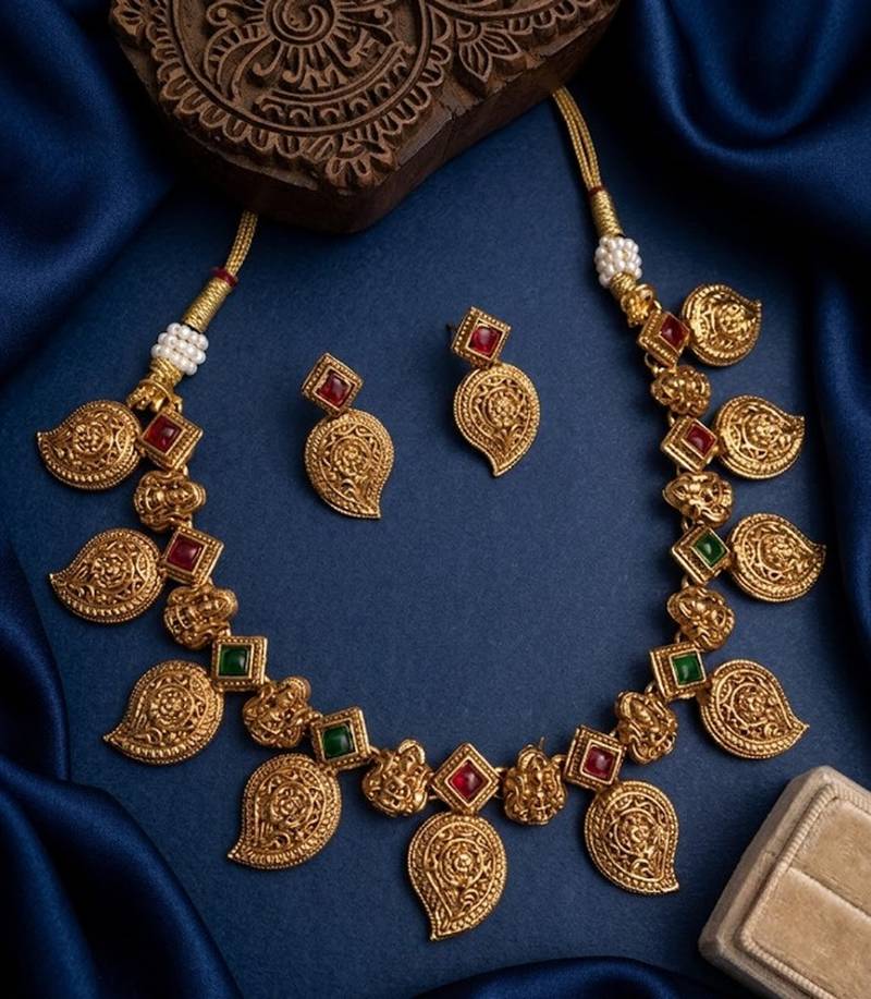 Antique gold temple jewelry set: south indian mango necklace & earrings | bridal wedding & festival ethnic traditional
