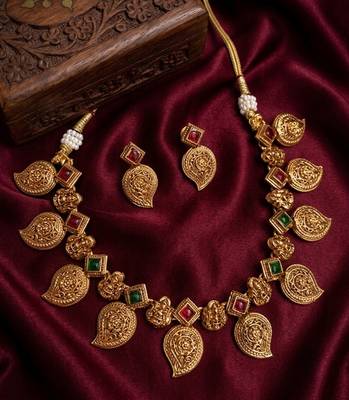Antique gold temple jewelry set: south indian mango necklace & earrings | bridal wedding & festival ethnic traditional 2