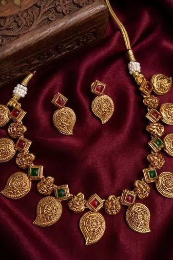 Antique gold temple jewelry set: south indian mango necklace & earrings | bridal wedding & festival ethnic traditional