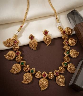Antique gold temple jewelry set: south indian mango necklace & earrings | bridal wedding & festival ethnic traditional 3
