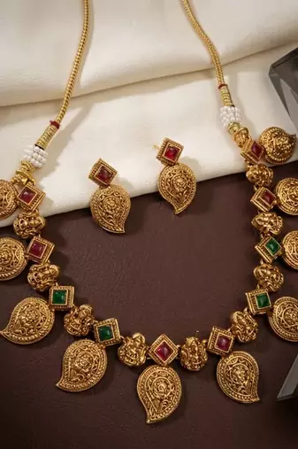 Antique gold temple jewelry set: south indian mango necklace & earrings | bridal wedding & festival ethnic traditional