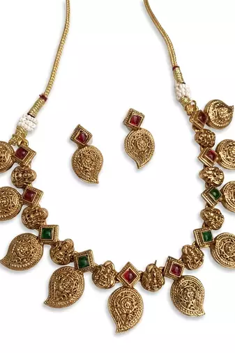 Antique gold temple jewelry set: south indian mango necklace & earrings | bridal wedding & festival ethnic traditional