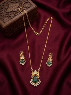 Temple jewelry set with emerald green stone pendant & drop earrings | indian bridal wedding necklace 1
