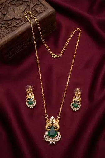 Temple jewelry set with emerald green stone pendant & drop earrings | indian bridal wedding necklace