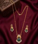 Temple jewelry set with emerald green stone pendant & drop earrings | indian bridal wedding necklace