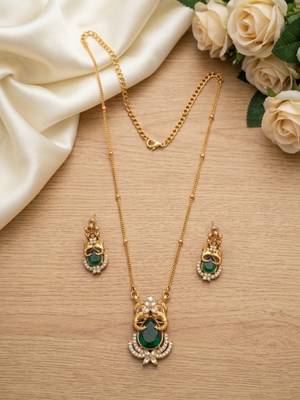 Temple jewelry set with emerald green stone pendant & drop earrings | indian bridal wedding necklace 2