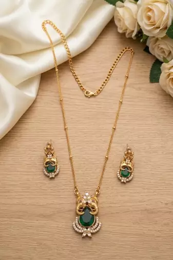 Temple jewelry set with emerald green stone pendant & drop earrings | indian bridal wedding necklace