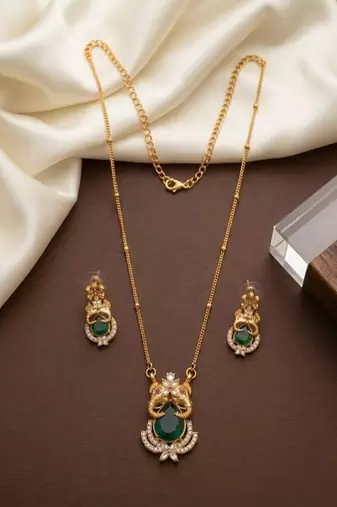 Temple jewelry set with emerald green stone pendant & drop earrings | indian bridal wedding necklace