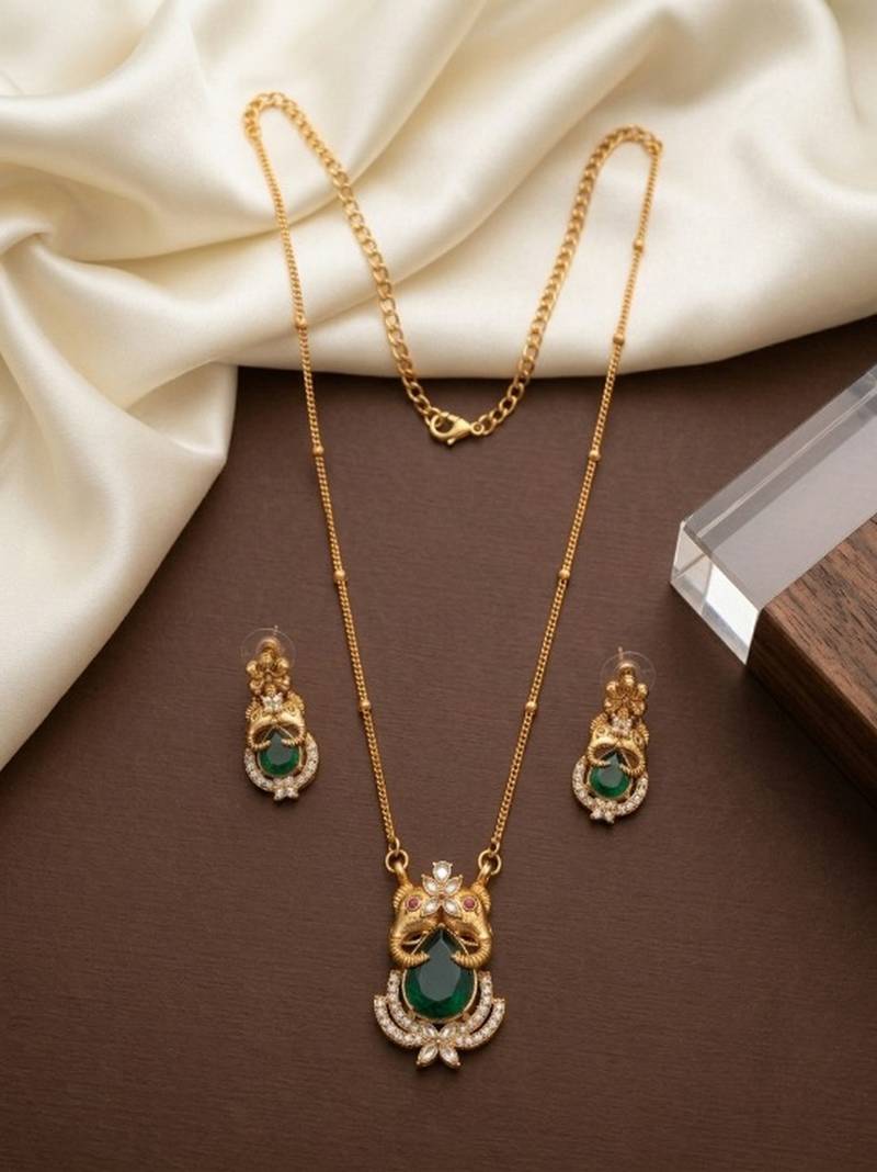 Temple jewelry set with emerald green stone pendant & drop earrings | indian bridal wedding necklace