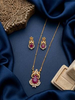 Temple jewelry set with ruby stone pendant & drop earrings | indian bridal wedding necklace 1