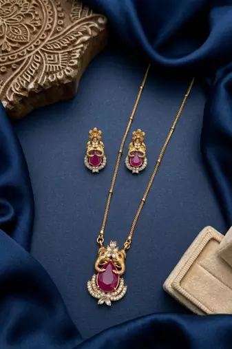 Temple jewelry set with ruby stone pendant & drop earrings | indian bridal wedding necklace