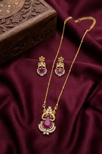 Temple jewelry set with ruby stone pendant & drop earrings | indian bridal wedding necklace