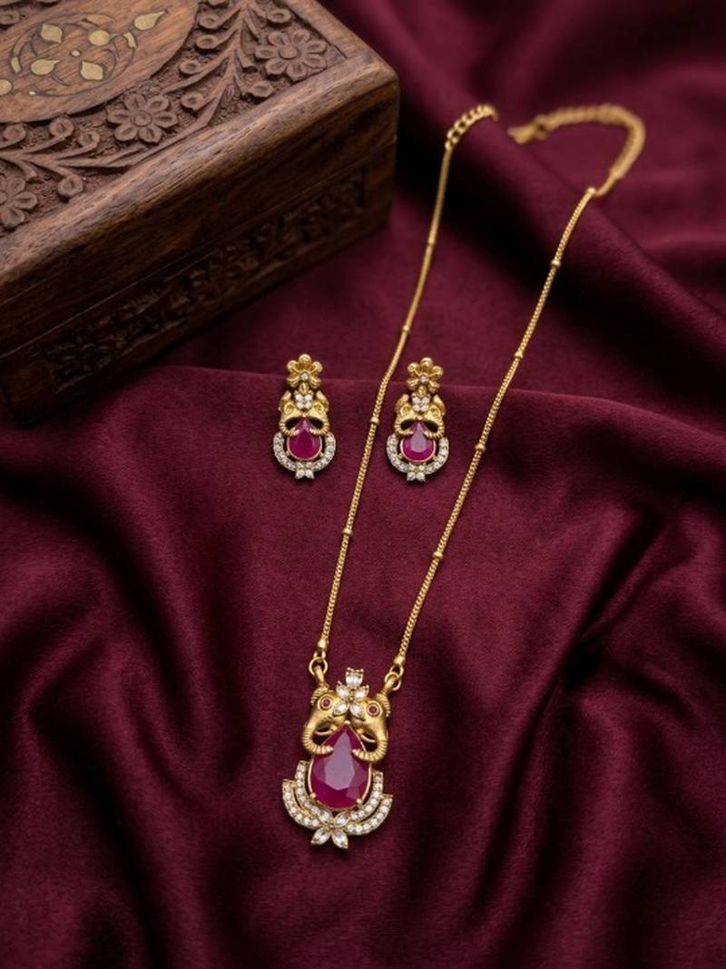 Temple jewelry set with ruby stone pendant & drop earrings | indian bridal wedding necklace