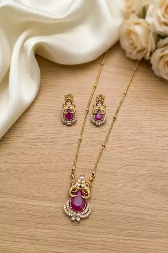 Temple jewelry set with ruby stone pendant & drop earrings | indian bridal wedding necklace