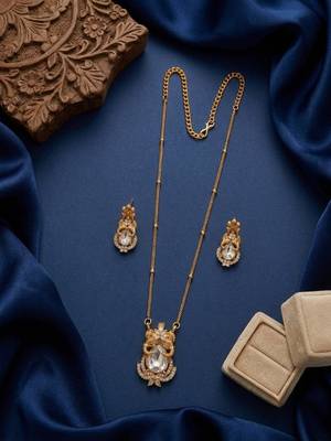 Temple jewelry set with white stone pendant & drop earrings | indian bridal wedding necklace 1