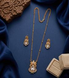 Temple jewelry set with white stone pendant & drop earrings | indian bridal wedding necklace