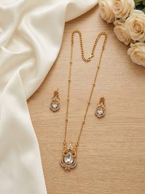 Temple jewelry set with white stone pendant & drop earrings | indian bridal wedding necklace 2