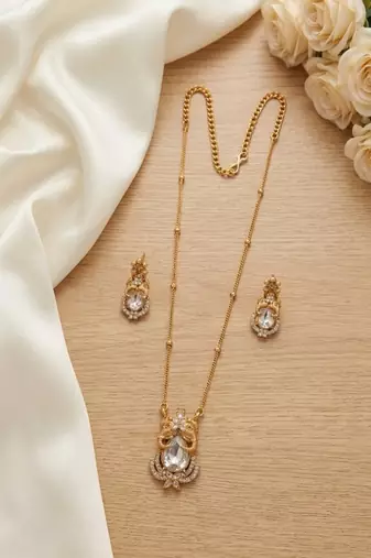 Temple jewelry set with white stone pendant & drop earrings | indian bridal wedding necklace