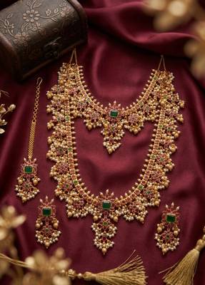 Gold plated south indian temple jewelry set, ruby emerald pearl long haram necklace, earrings & maang tikka 1