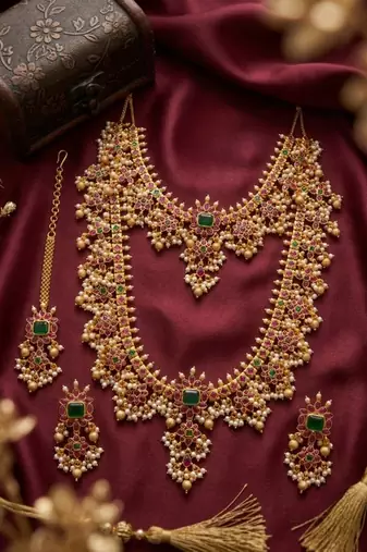 Gold plated south indian temple jewelry set, ruby emerald pearl long haram necklace, earrings & maang tikka
