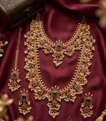 Gold plated south indian temple jewelry set, ruby emerald pearl long haram necklace, earrings & maang tikka