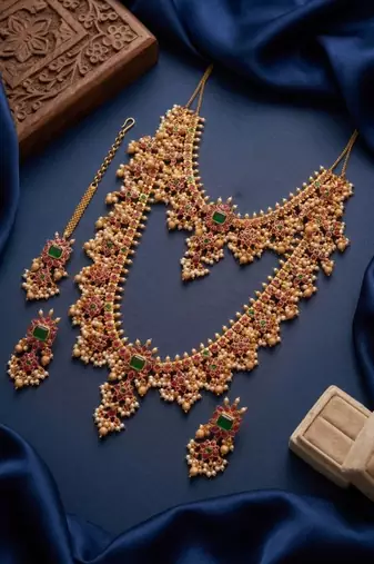Gold plated south indian temple jewelry set, ruby emerald pearl long haram necklace, earrings & maang tikka
