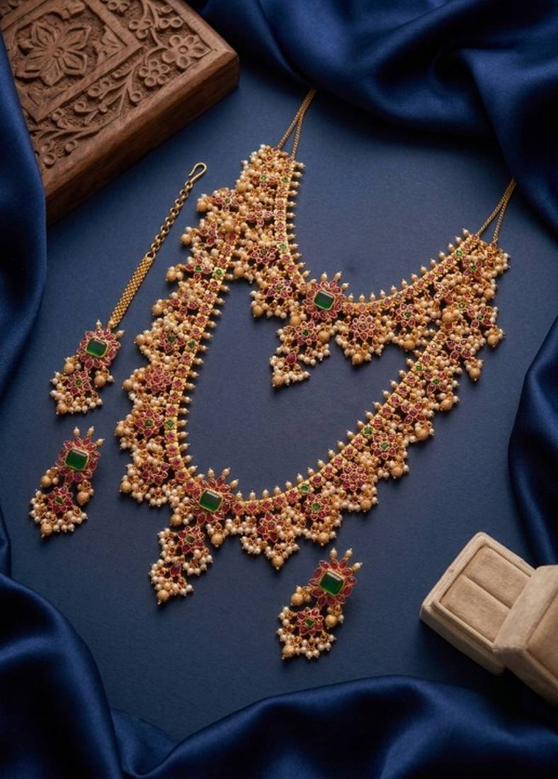 Gold plated south indian temple jewelry set, ruby emerald pearl long haram necklace, earrings & maang tikka