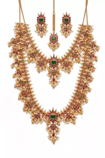 Gold plated south indian temple jewelry set, ruby emerald pearl long haram necklace, earrings & maang tikka