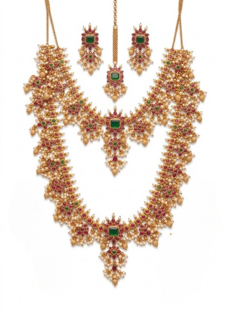 Gold plated south indian temple jewelry set, ruby emerald pearl long haram necklace, earrings & maang tikka