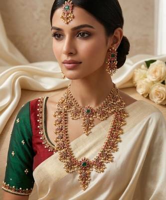 Gold plated south indian temple jewelry set, ruby emerald pearl long haram necklace, earrings & maang tikka 4