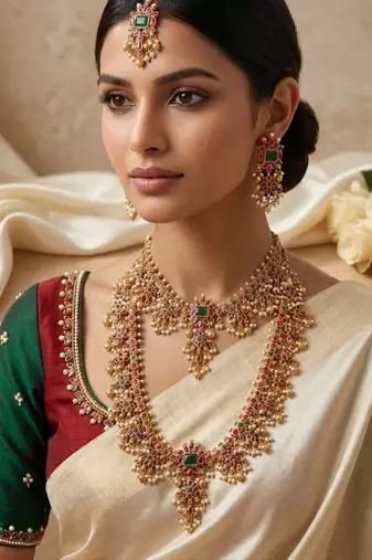 Gold plated south indian temple jewelry set, ruby emerald pearl long haram necklace, earrings & maang tikka
